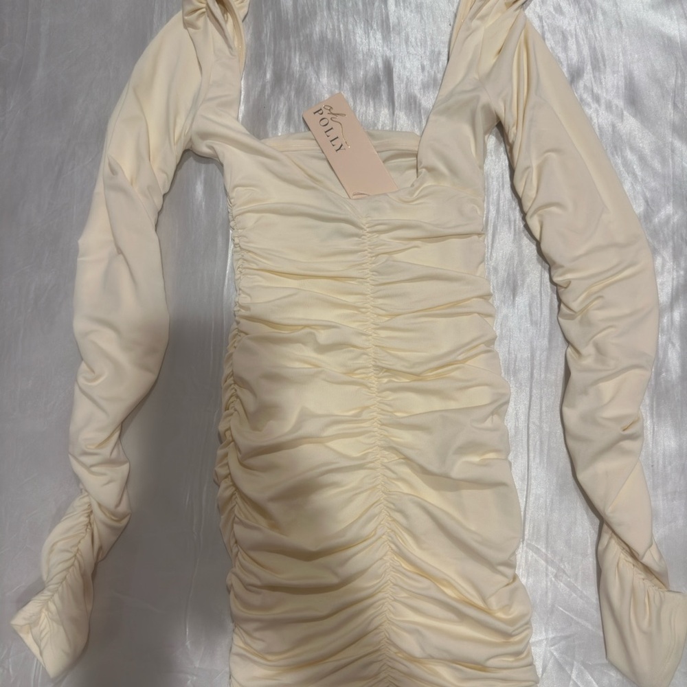 Oh Polly Cream Bodycon Dress with Puff Sleeves
